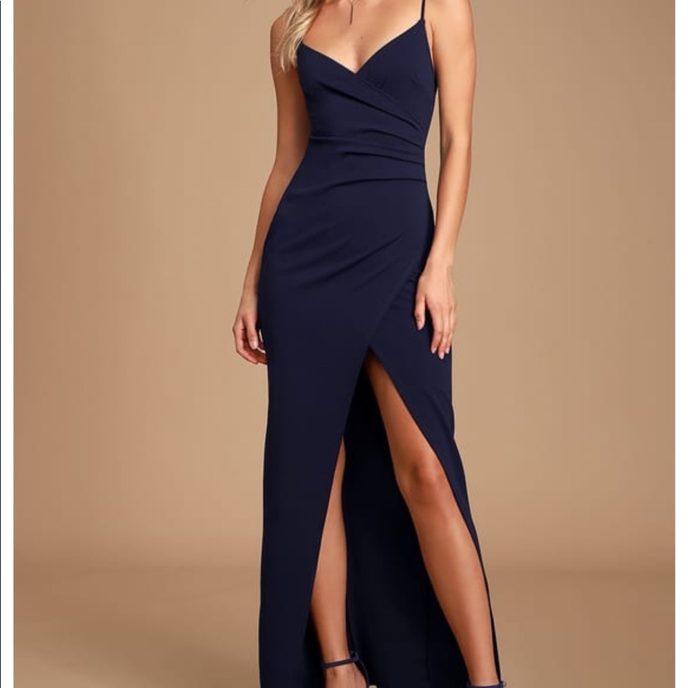 Lulu’s Sweetest Admirer Navy Blue Ruched Surplice Maxi Dress